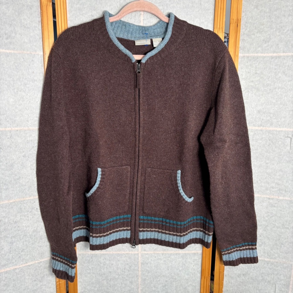 Field Gear Women's XL Brown Lambswool Full Zip Sweater Australia Striped VTG
